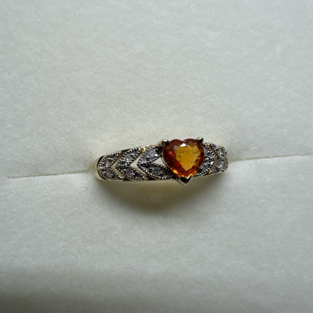10K Yellow Gold Orange Heart Topaz and Accent Diamond Promise Ring Size 6.75